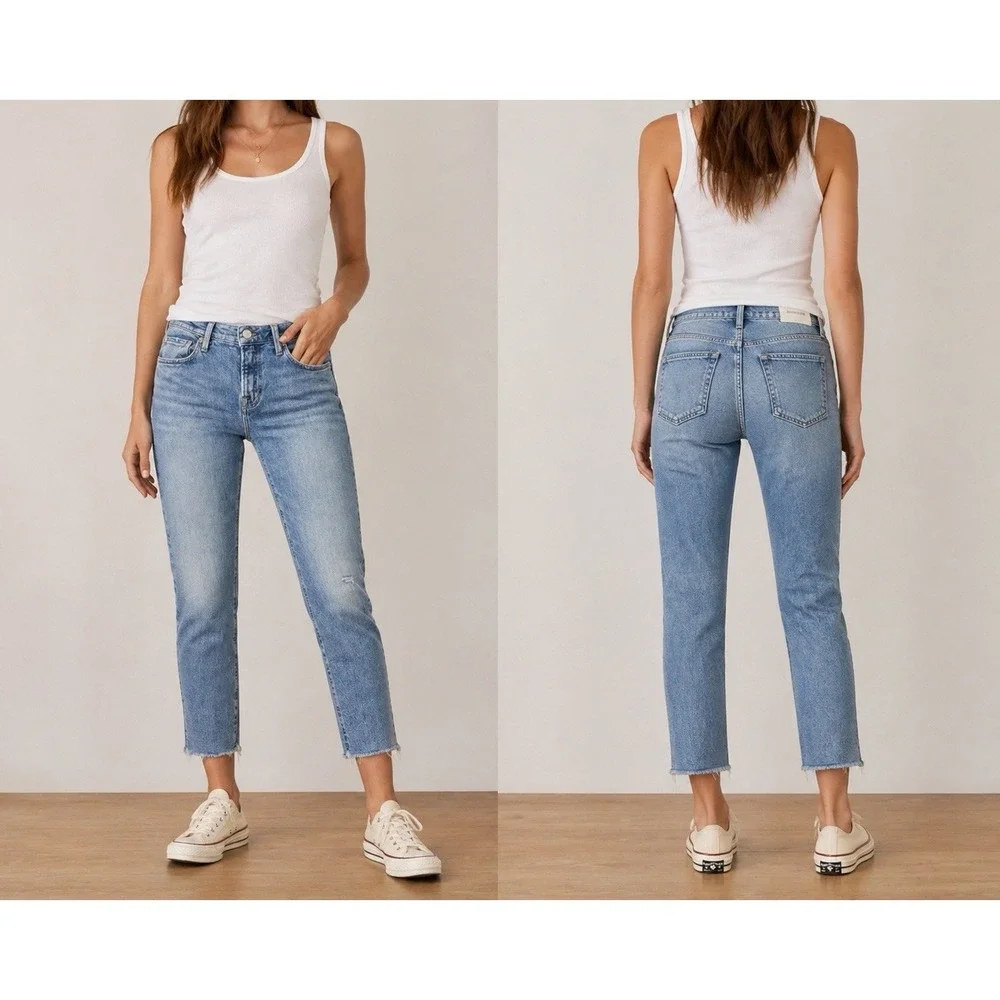 FRAME Le Garcon Women's 28 Blue Crop Skinny Jeans Raw Hem Stretch Denim Designer